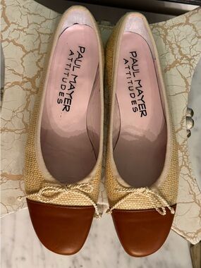 Paul Mayer Beige Raffia Flats with Cognac/Brown Toe Cap Handmade